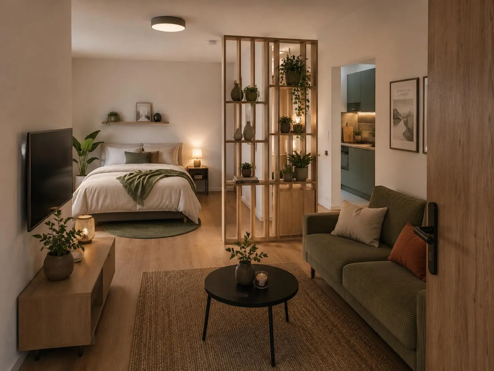 Studio-Apartment mit Doppelbett, Raumteiler aus Eichenholz und warmem Licht