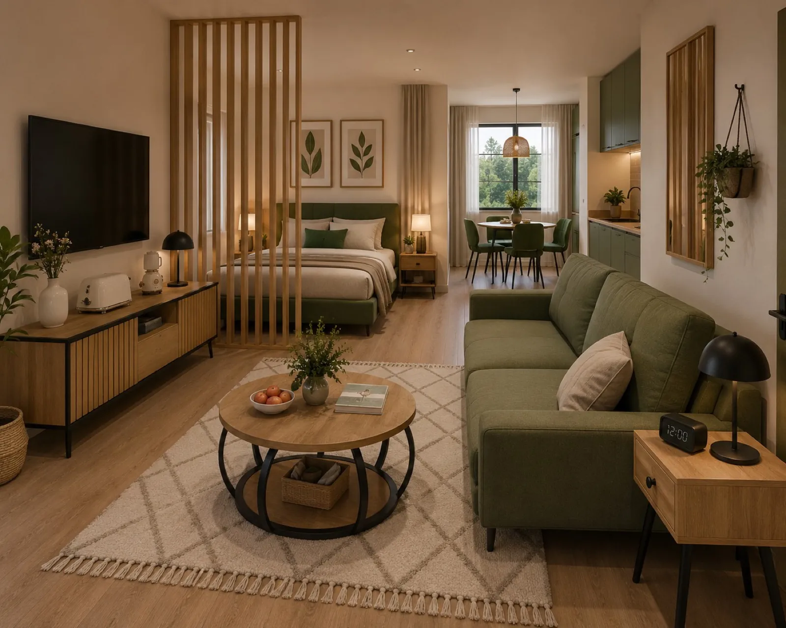 Große Ferienwohnung für vier Personen mit Wohnbereich, Sofa und Küche in Naturtönen
